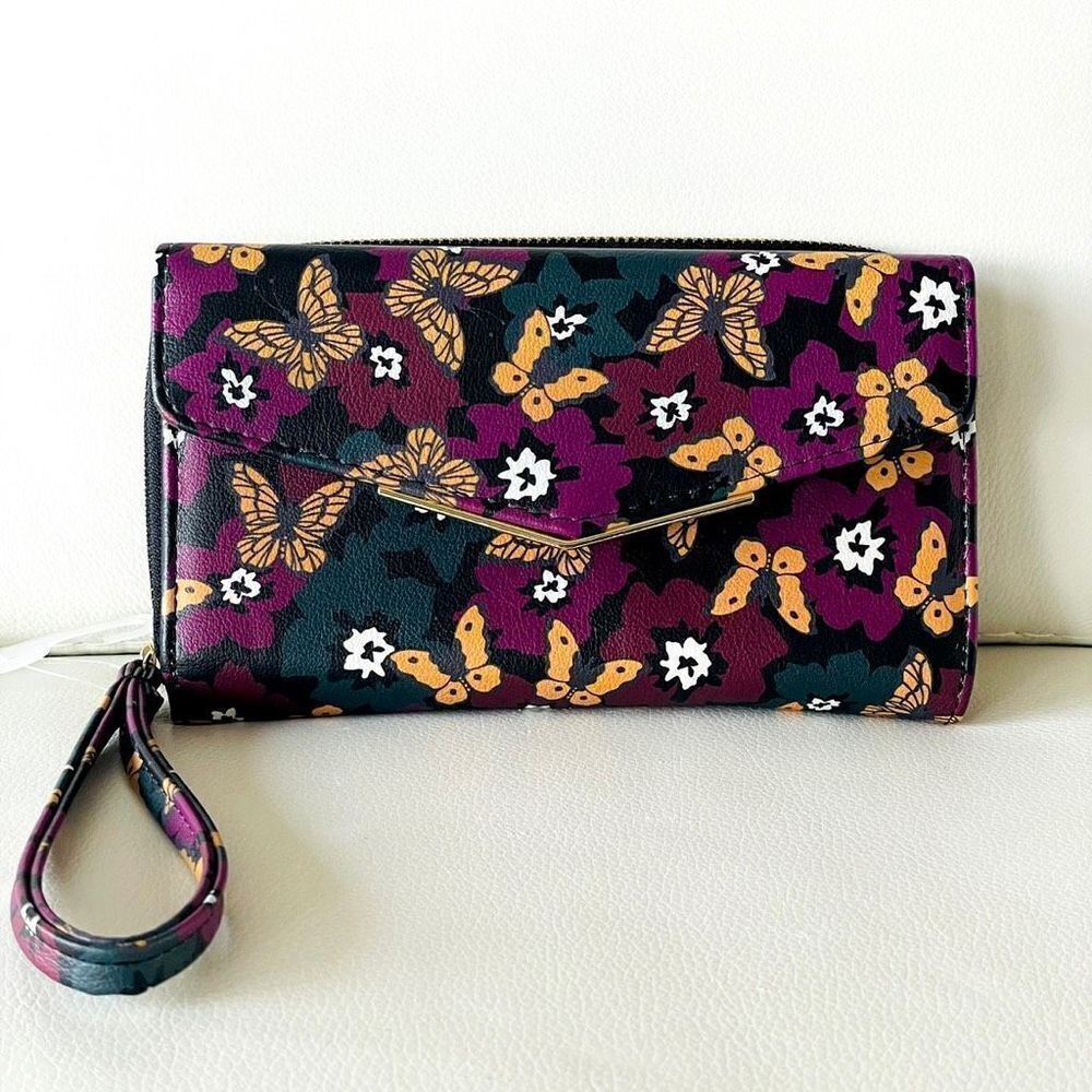 NWT Time & Tru Black Burgundy Yellow  Butterfly Flowers Bulk Clutch Wallet New